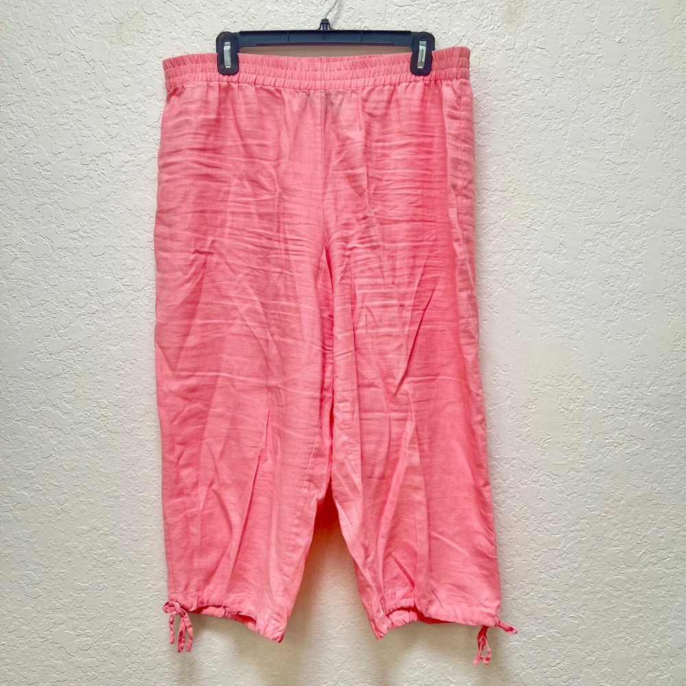 Magaschoni Pink 100% Linen Cropped‎ Pants Elastic Waist Tie Hem Womens XL